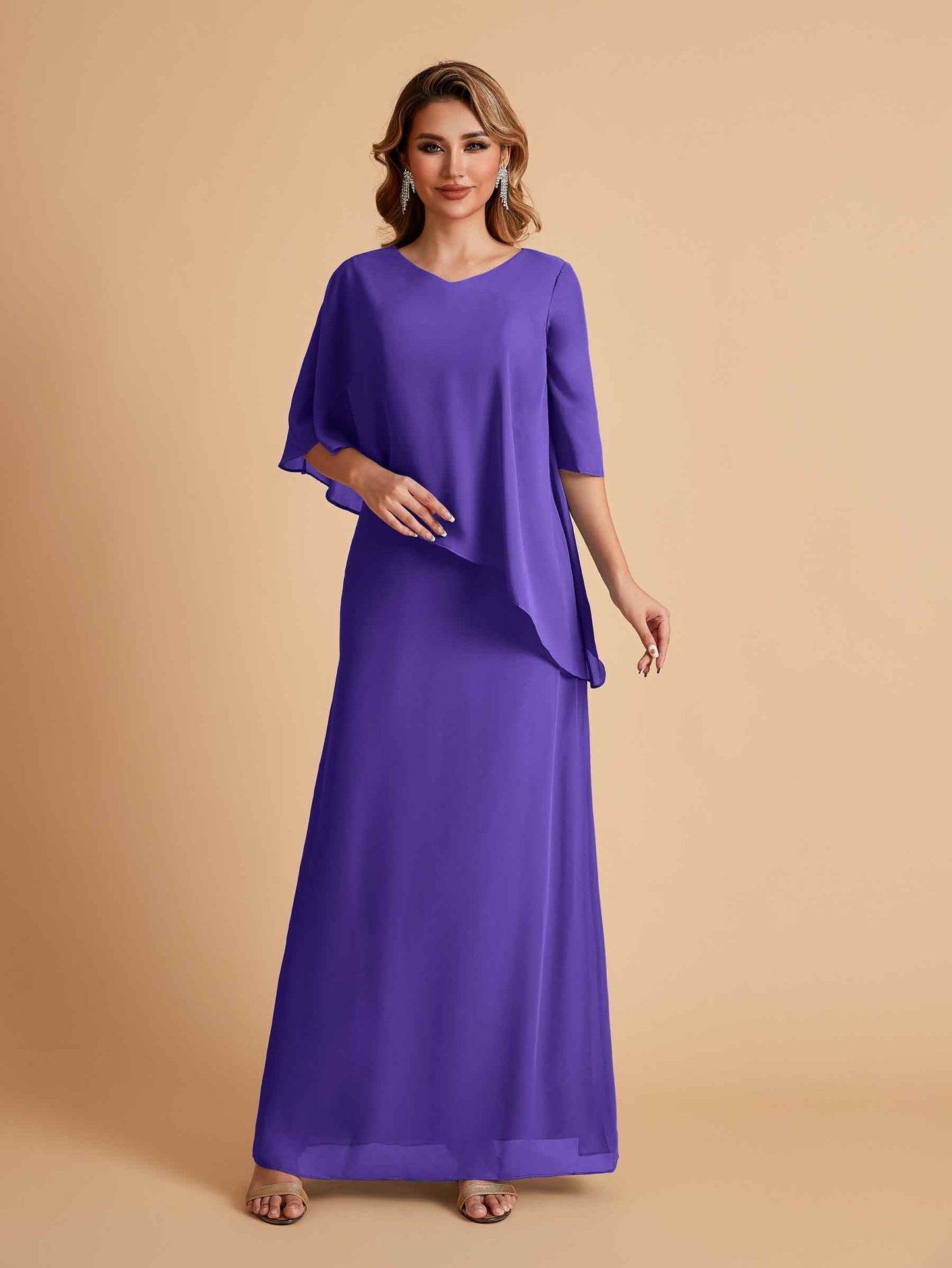 Elegant A-line Chiffon Half Sleeves V-neck Mother of the Brides Dresses Online