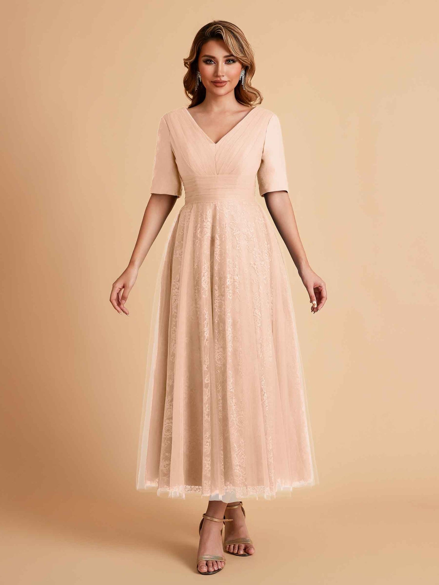 Elegant A-line Half Sleeves V-neck Mother of the Brides Dresses Online