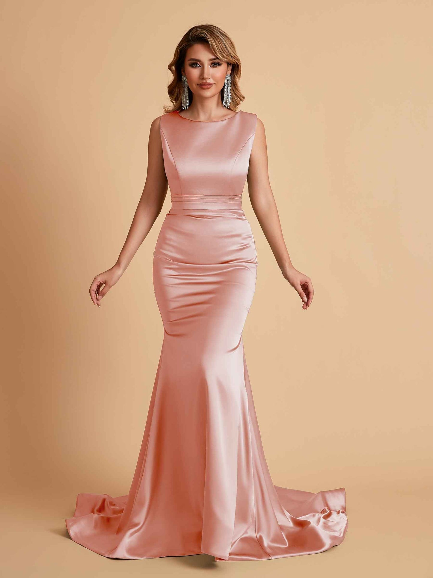 Elegant Satin Sleeveless Pleats Mermaid Bridesmaid Dresses Floor Length