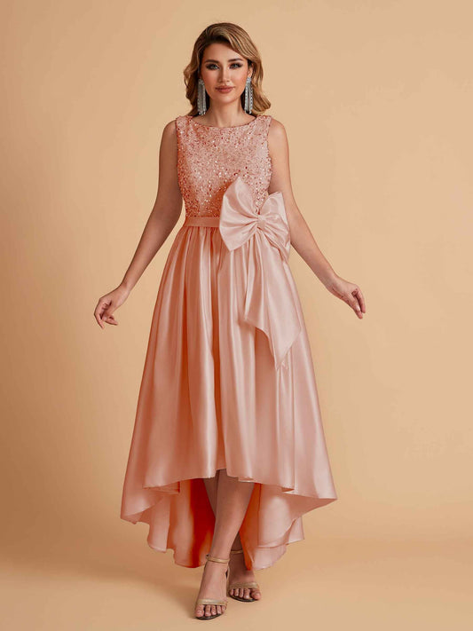 Sparkly Satin Sleeveless Pleats A-line Bridesmaid Dresses High-Low