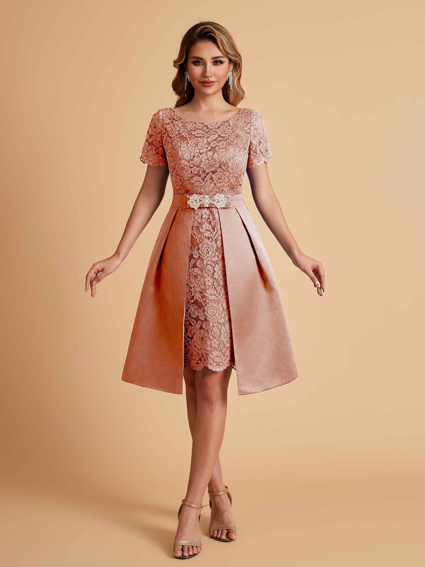 Elegant A-line Short Sleeves Jewel Knee Length Mother of the Brides Dresses
