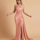Sexy Satin Sleeveless Pleats Mermaid Bridesmaid Dresses Side Slit Floor Length