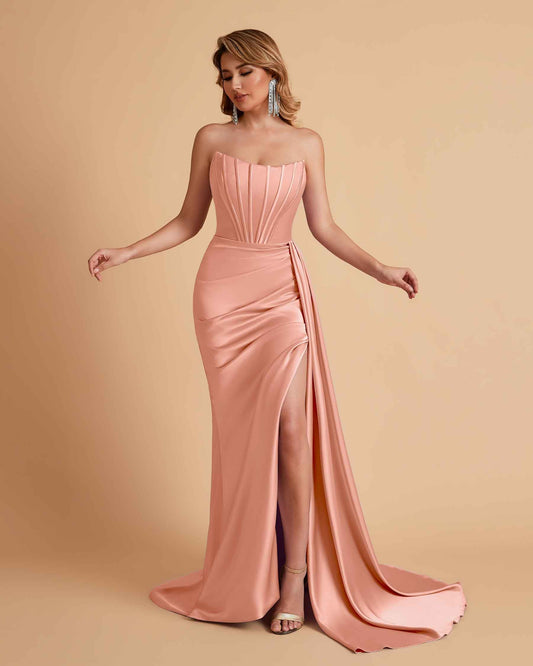 Sexy Satin Sleeveless Pleats Mermaid Bridesmaid Dresses Side Slit Floor Length