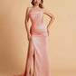 Elegant Satin Straight Neck Mermaid Side Slit Floor Length Bridesmaid Dresses