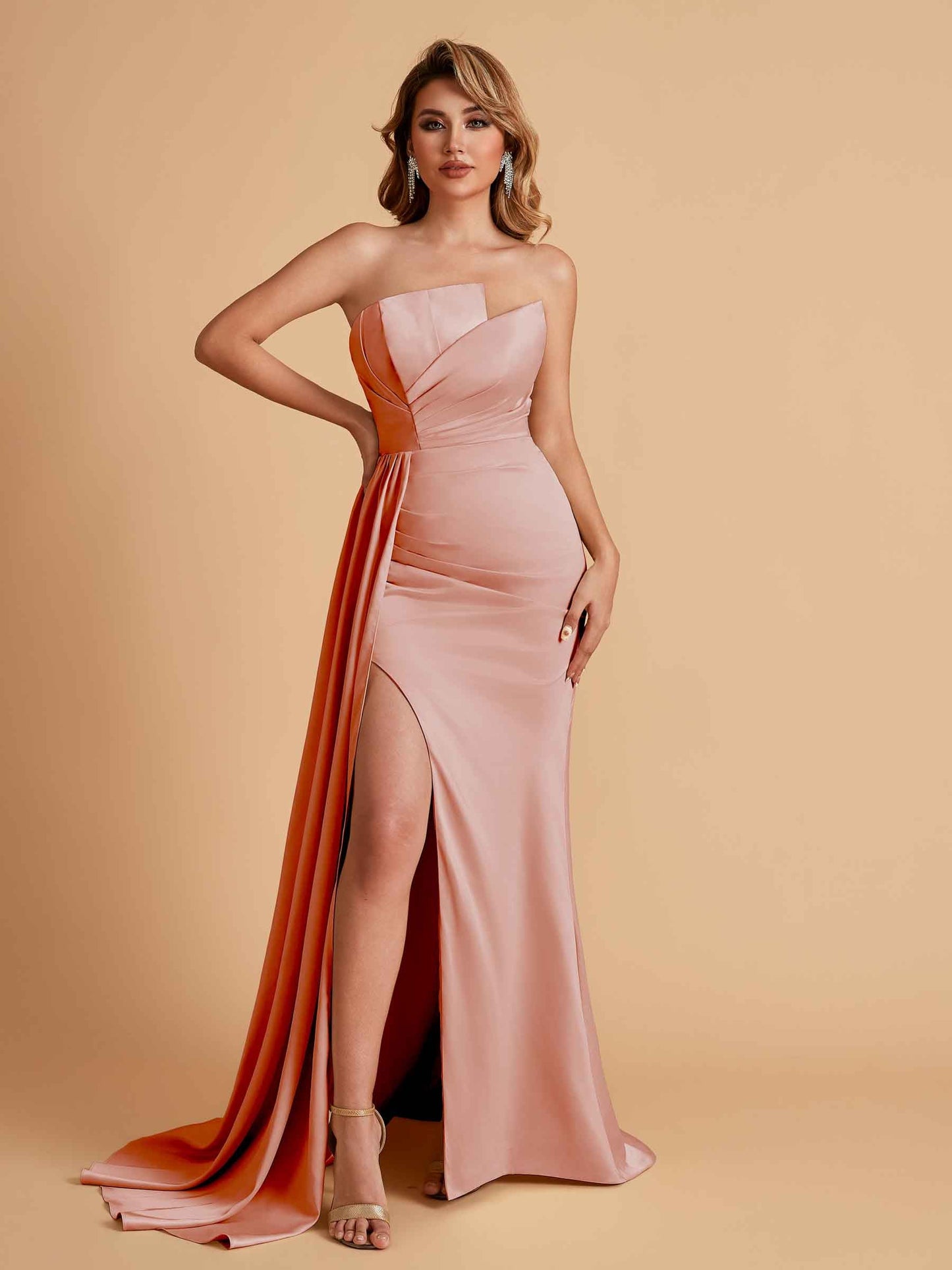 Elegant Satin Sleeveless Asymmetrical Mermaid Side Slit Floor Length Bridesmaid Dresses