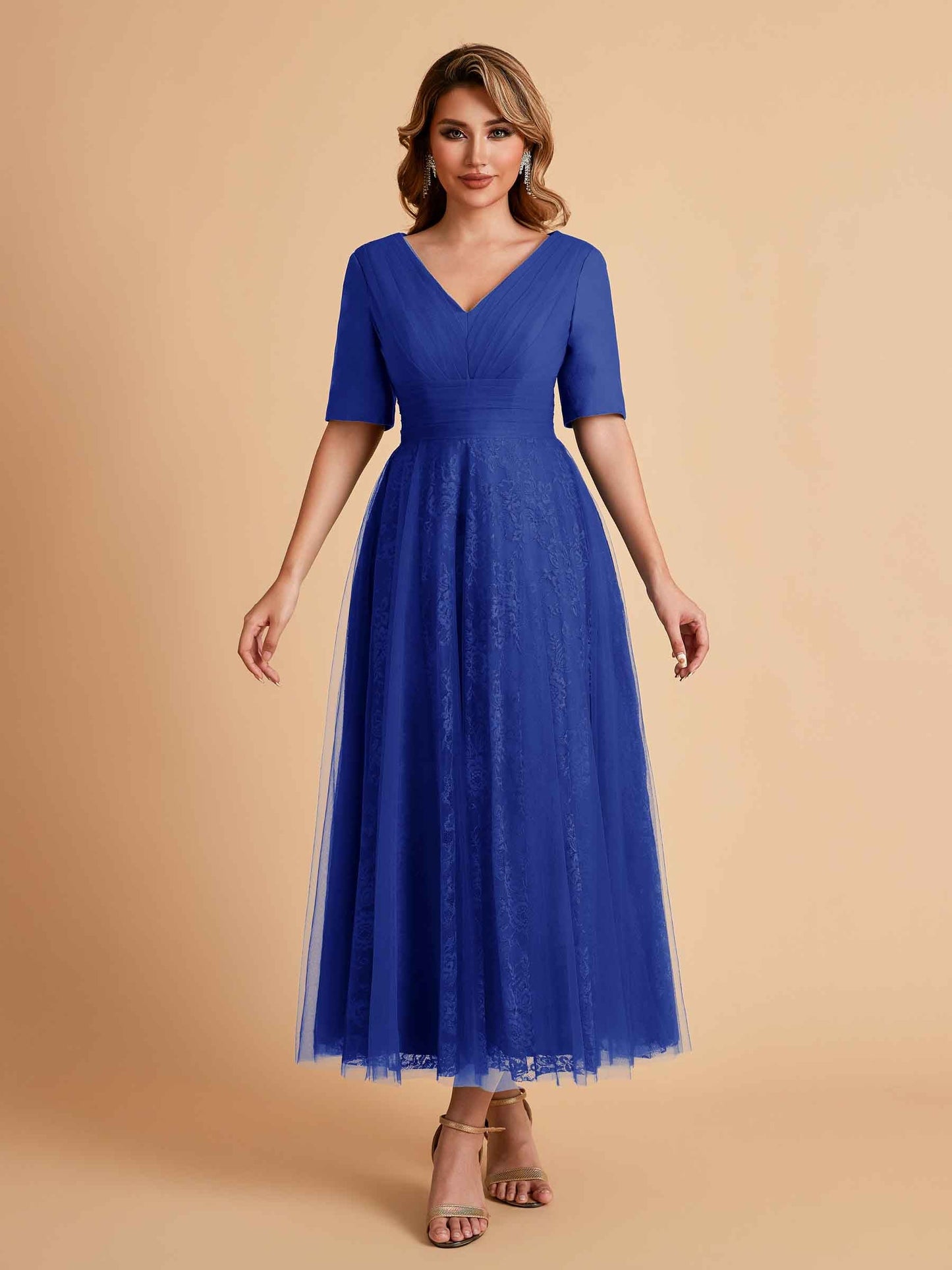 Elegant A-line Half Sleeves V-neck Mother of the Brides Dresses Online