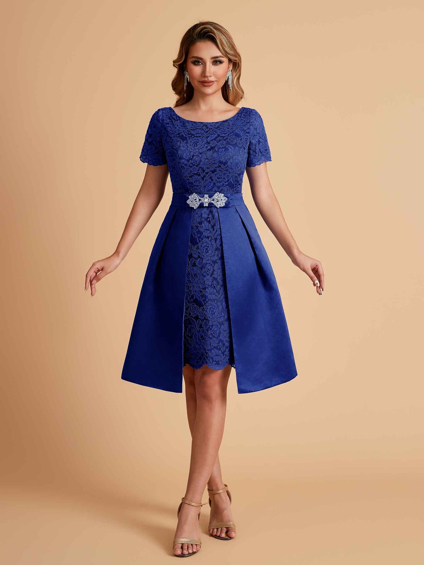 Elegant A-line Short Sleeves Jewel Knee Length Mother of the Brides Dresses