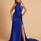 Elegant Satin Halter Pleats Side Slit Mermaid Bridesmaid Dresses Floor-Length