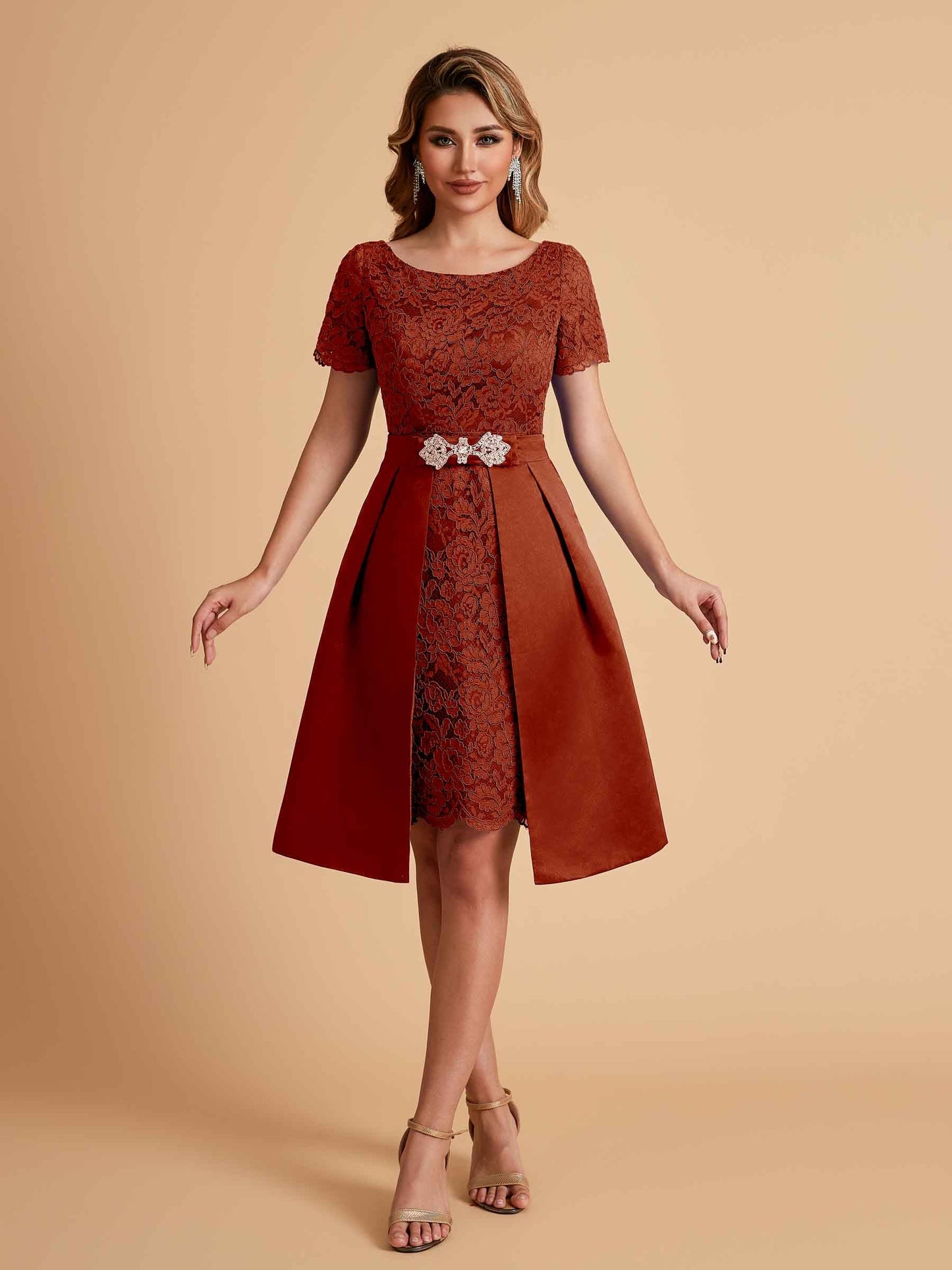 Elegant A-line Short Sleeves Jewel Knee Length Mother of the Brides Dresses
