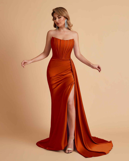 Sexy Satin Sleeveless Pleats Mermaid Bridesmaid Dresses Side Slit Floor Length