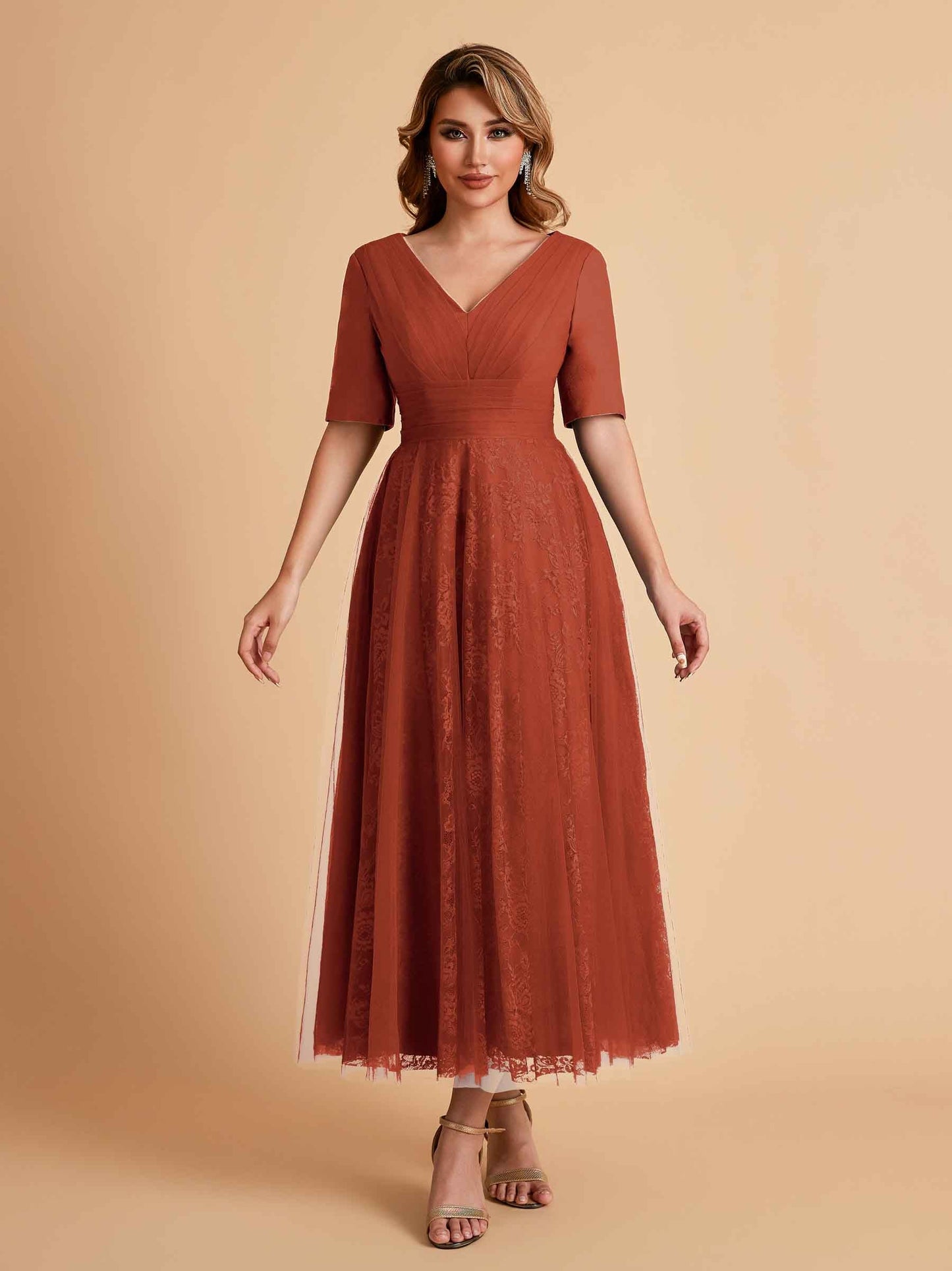 Elegant A-line Half Sleeves V-neck Mother of the Brides Dresses Online
