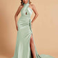 Elegant Satin Halter Pleats Side Slit Mermaid Bridesmaid Dresses Floor-Length