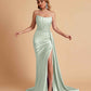 Sexy Satin Sleeveless Pleats Mermaid Bridesmaid Dresses Side Slit Floor Length