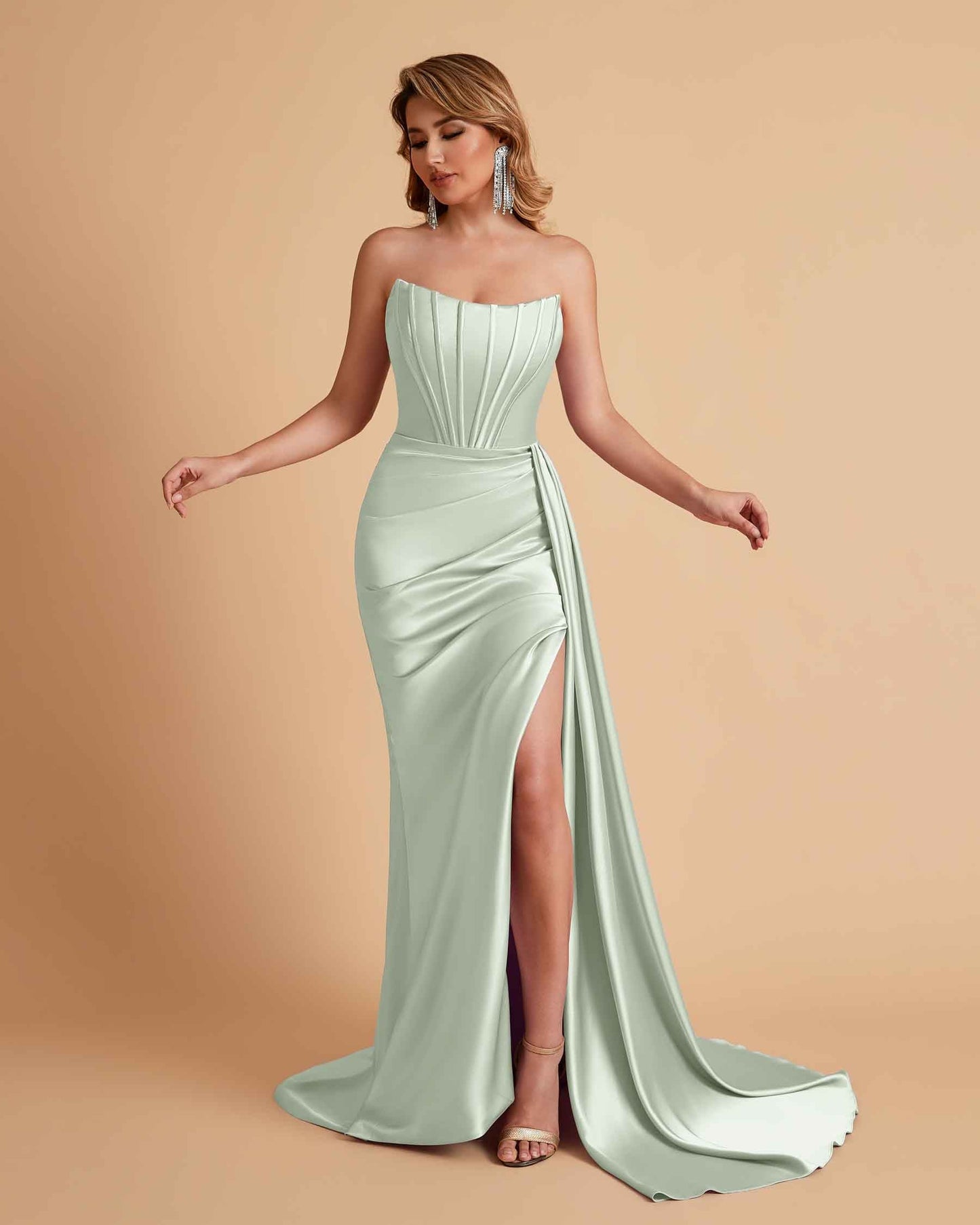 Sexy Satin Sleeveless Pleats Mermaid Bridesmaid Dresses Side Slit Floor Length