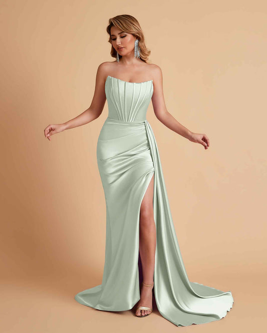 Sexy Satin Sleeveless Pleats Mermaid Bridesmaid Dresses Side Slit Floor Length