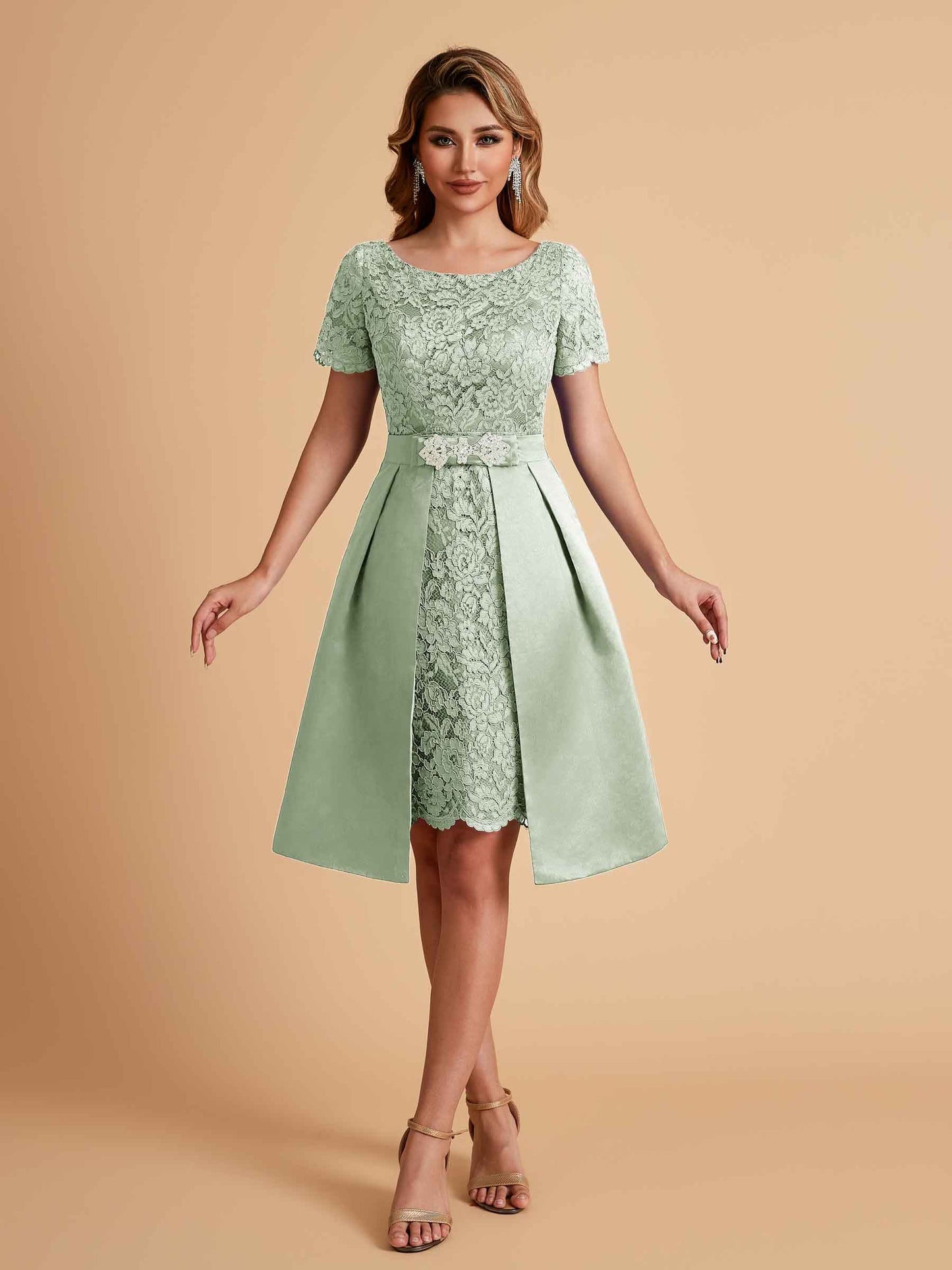 Elegant A-line Short Sleeves Jewel Knee Length Mother of the Brides Dresses