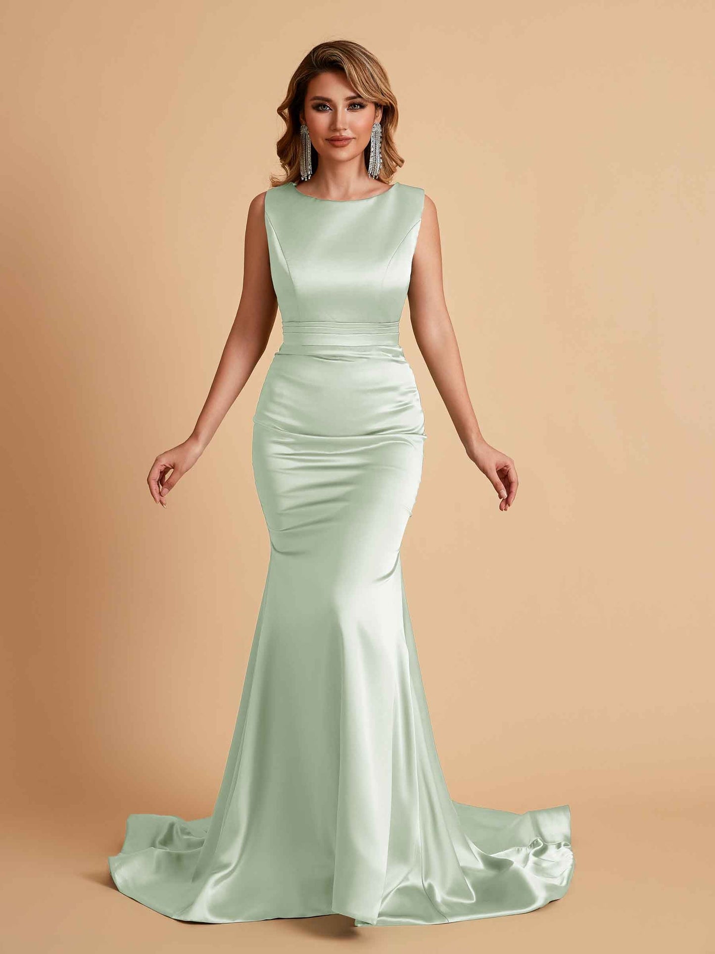 Elegant Satin Sleeveless Pleats Mermaid Bridesmaid Dresses Floor Length