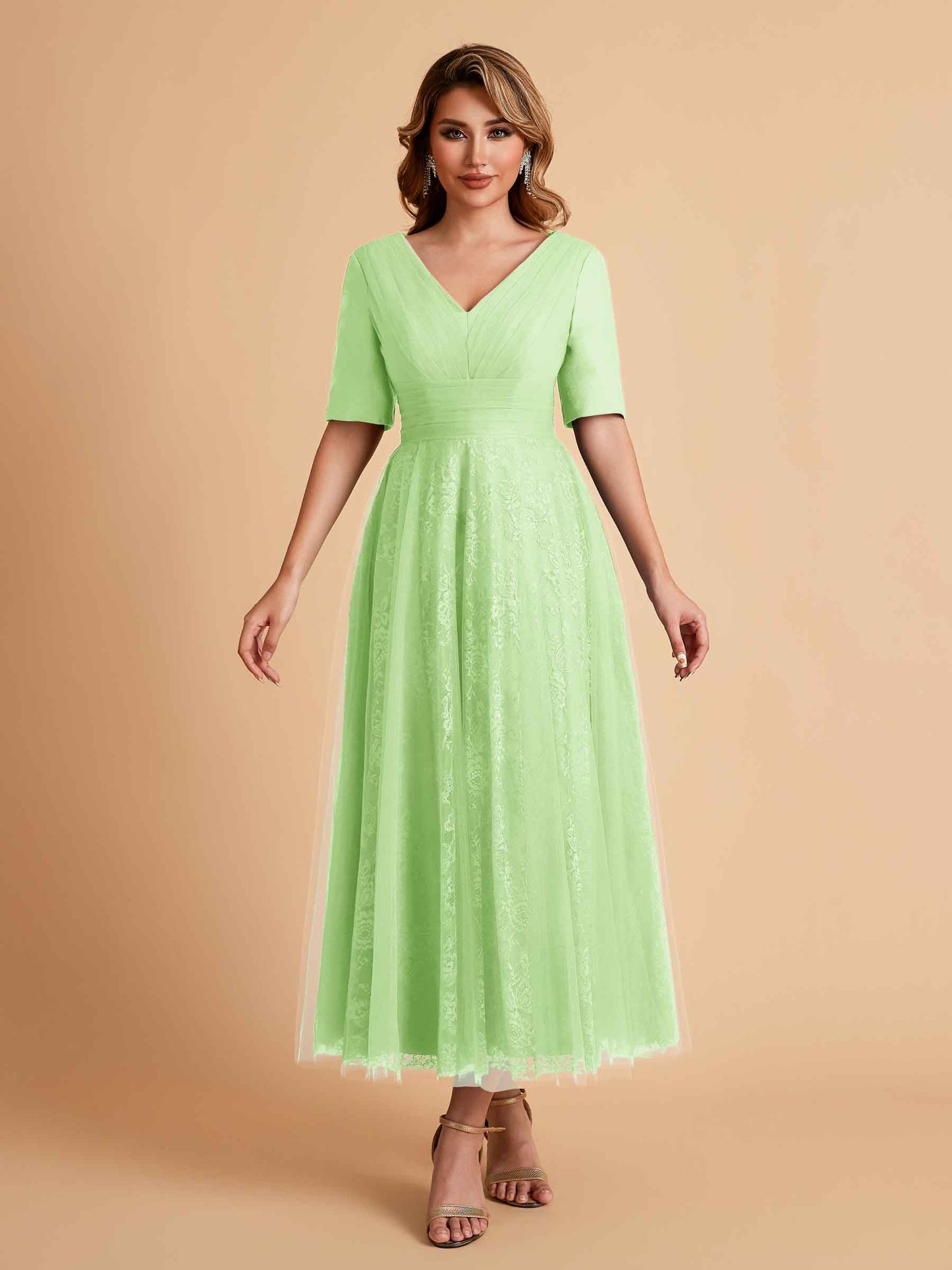 Elegant A-line Half Sleeves V-neck Mother of the Brides Dresses Online