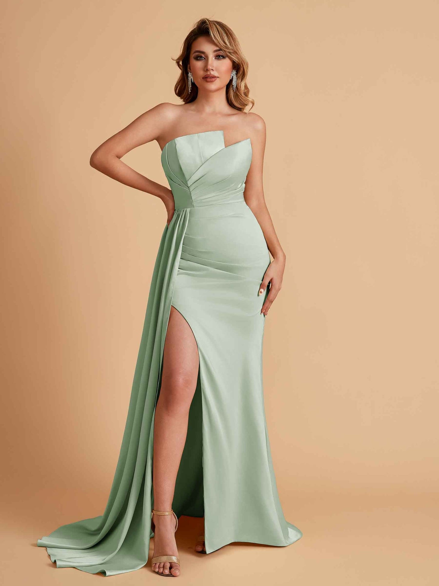 Elegant Satin Sleeveless Asymmetrical Mermaid Side Slit Floor Length Bridesmaid Dresses
