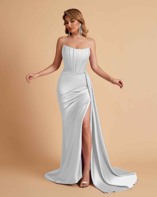 Sexy Satin Sleeveless Pleats Mermaid Bridesmaid Dresses Side Slit Floor Length