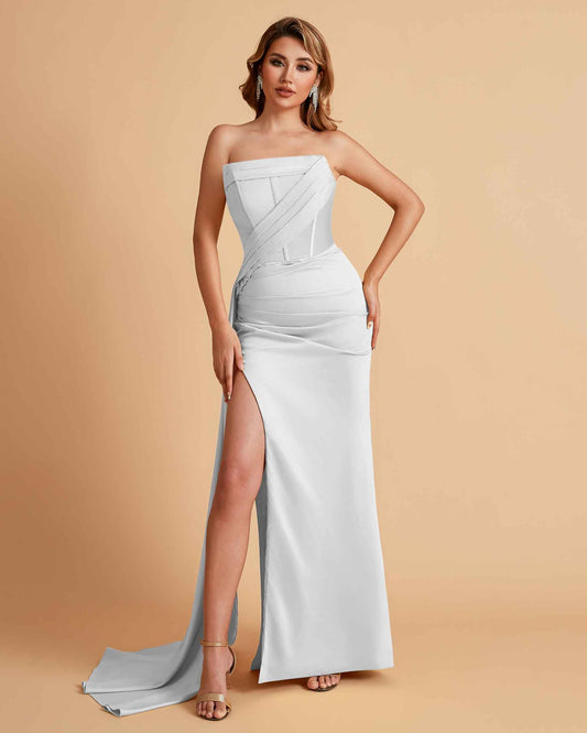 Elegant Satin Straight Neck Mermaid Side Slit Floor Length Bridesmaid Dresses