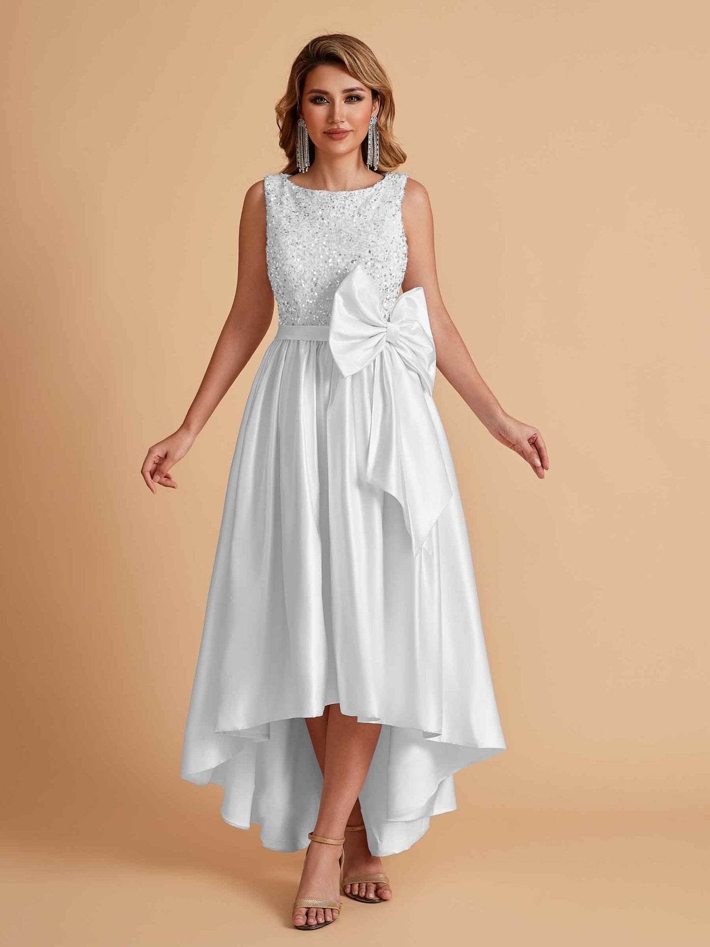 Sparkly Satin Sleeveless Pleats A-line Bridesmaid Dresses High-Low