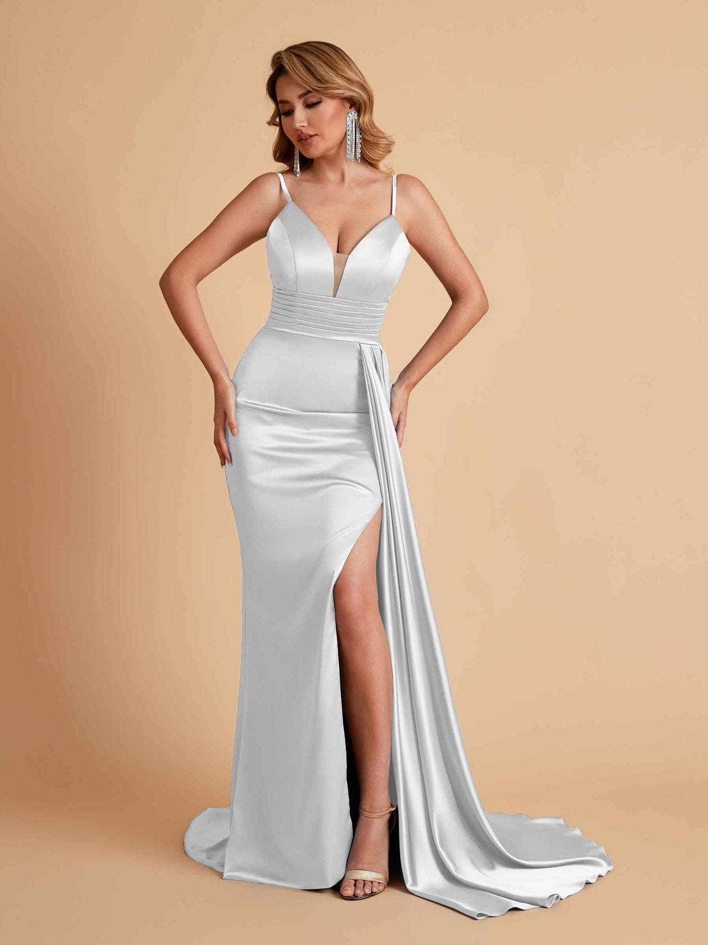 Sexy Satin Mermaid Spaghetti Straps V-neck Side Slit Long Bridesmaid Dresses