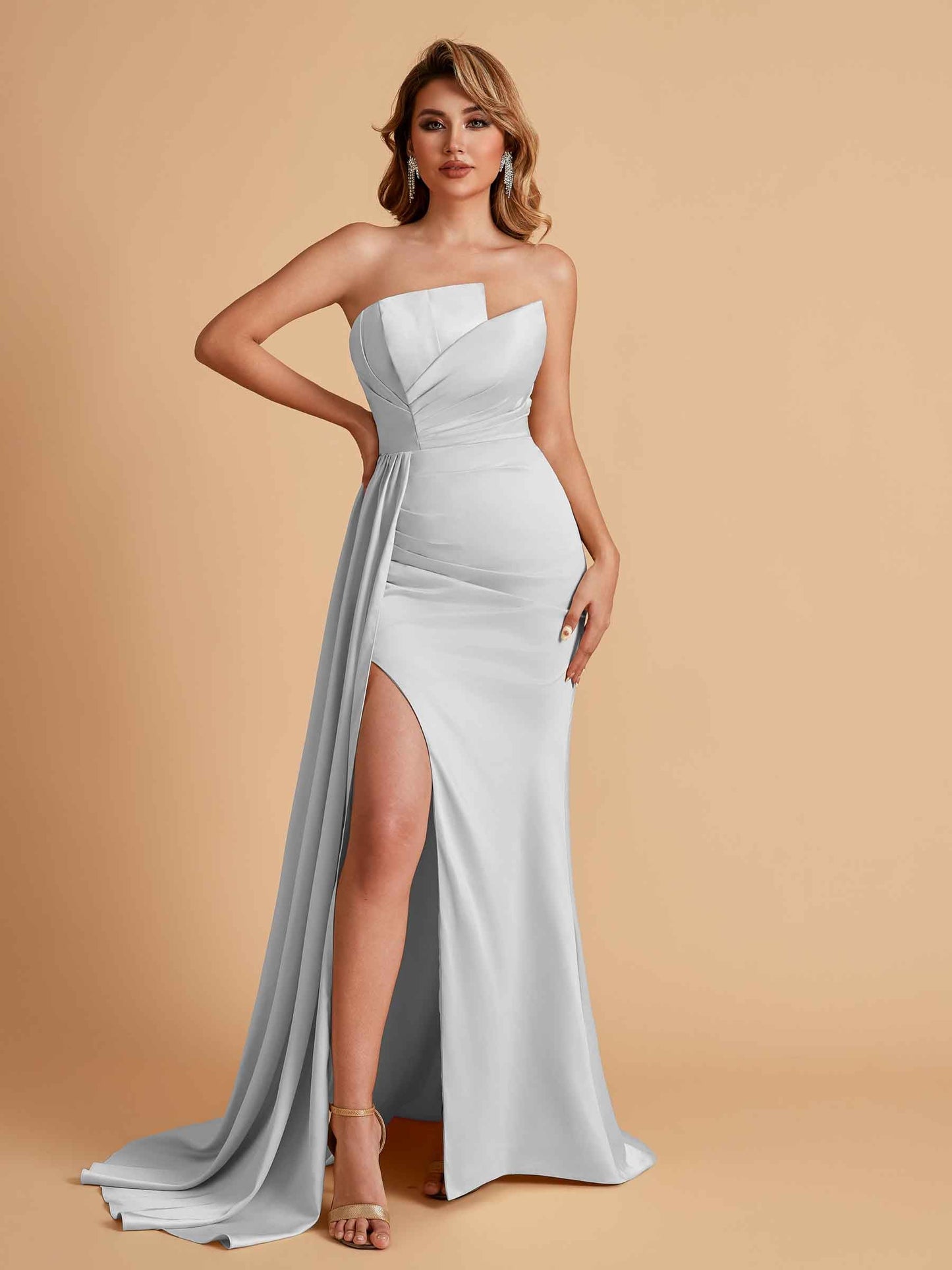 Elegant Satin Sleeveless Asymmetrical Mermaid Side Slit Floor Length Bridesmaid Dresses