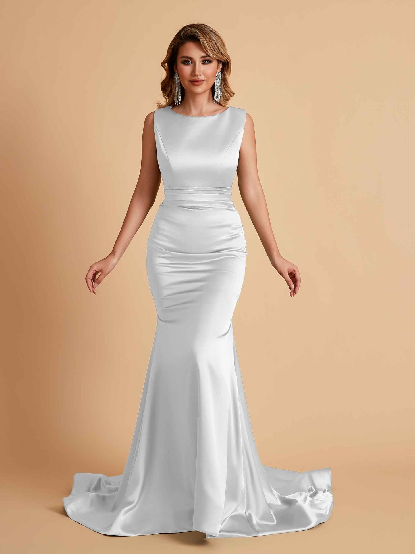 Elegant Satin Sleeveless Pleats Mermaid Bridesmaid Dresses Floor Length