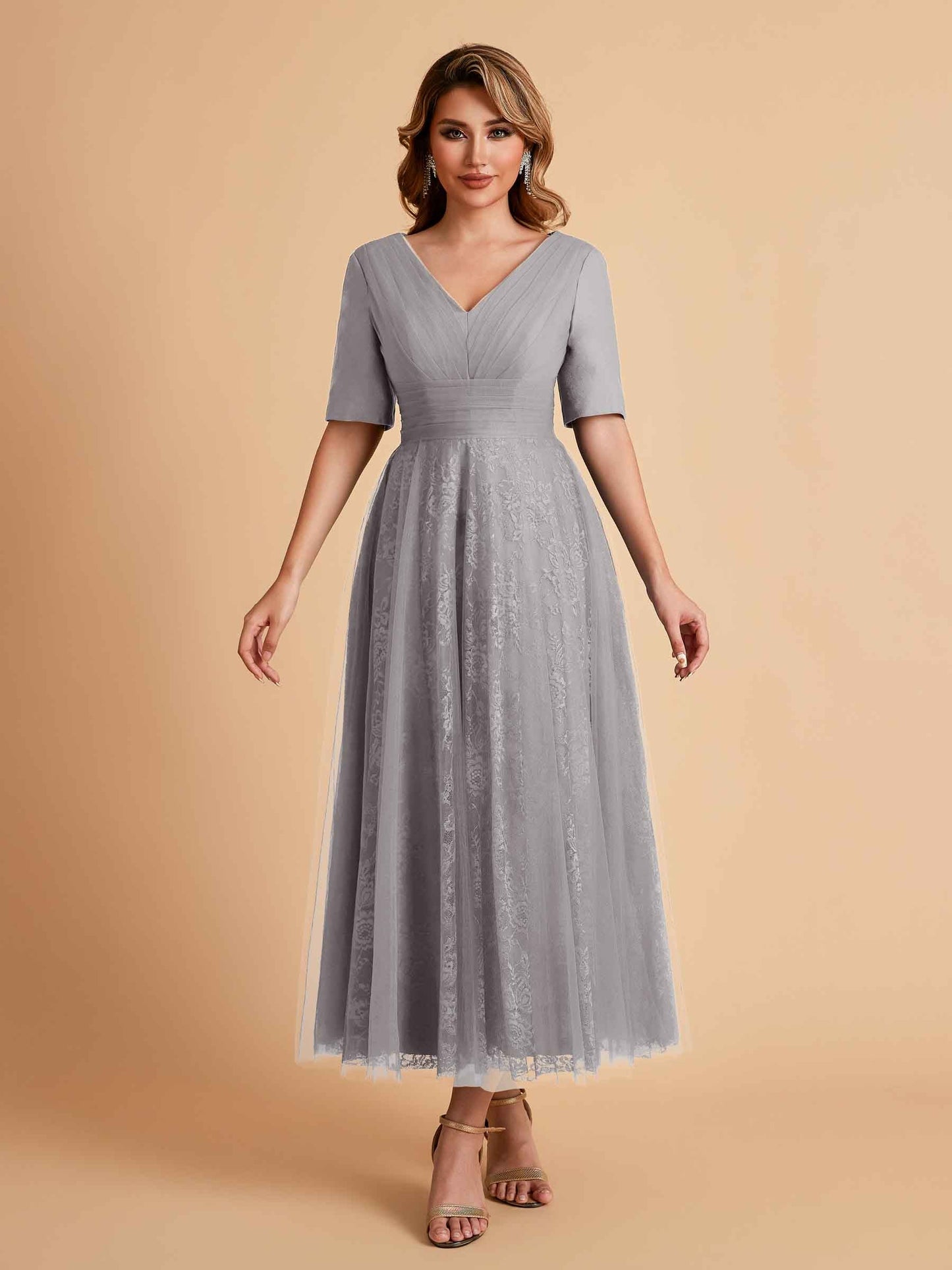 Elegant A-line Half Sleeves V-neck Mother of the Brides Dresses Online