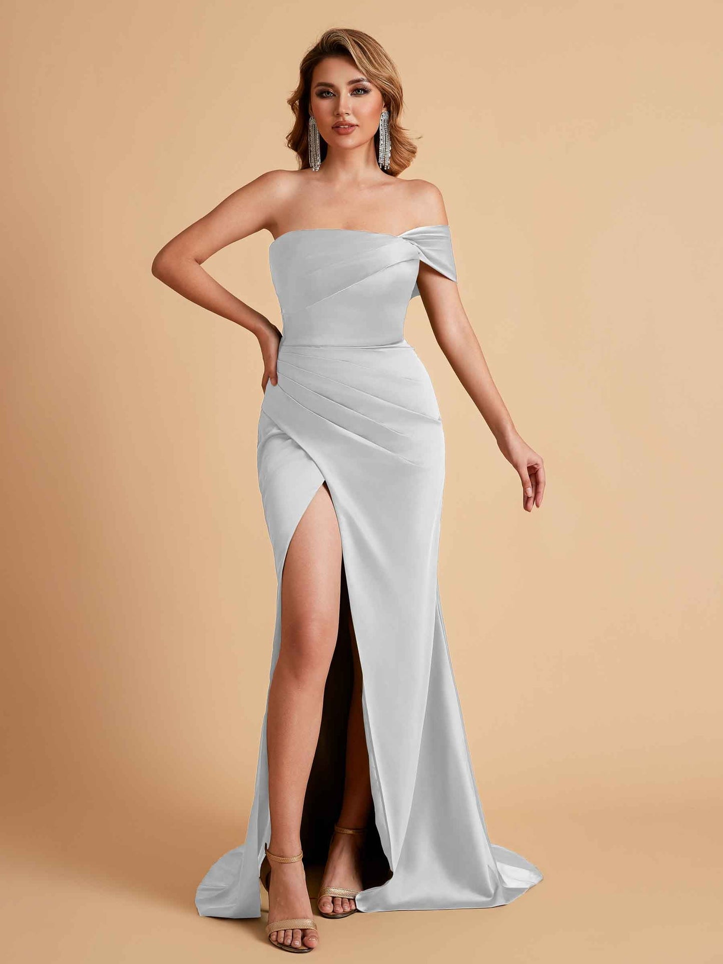 Sexy Satin One Shoulder Pleats Mermaid Bridesmaid Dresses Side Slit Floor Length