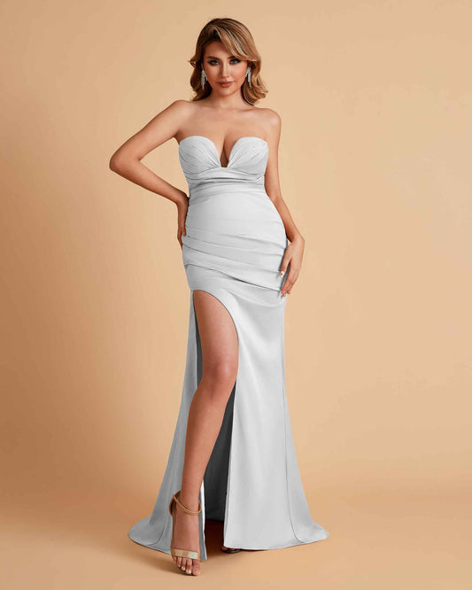 Elegant Satin Sweetheart Mermaid Side Slit Floor Length Bridesmaid Dresses