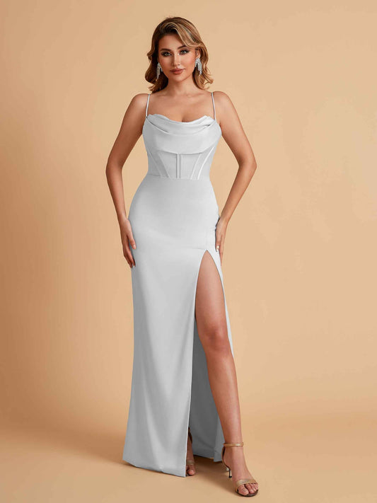 Elegant Satin Spaghetti Straps Mermaid Side Slit Floor Length Bridesmaid Dresses