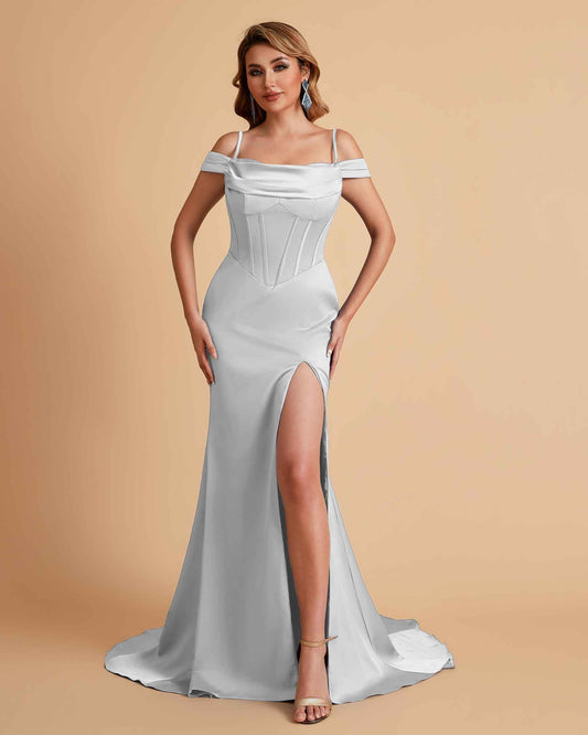 Sexy Satin Spaghetti Straps Off-Shoulder Side Slit Floor Length Mermaid Bridesmaid Dresses