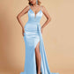 Sexy Satin Mermaid Spaghetti Straps V-neck Side Slit Long Bridesmaid Dresses