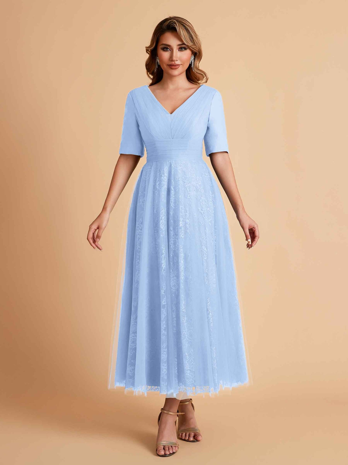 Elegant A-line Half Sleeves V-neck Mother of the Brides Dresses Online