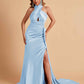 Elegant Satin Halter Pleats Side Slit Mermaid Bridesmaid Dresses Floor-Length