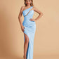 Sexy Satin One Shoulder Mermaid Bridesmaid Dresses Side Slit Floor Length