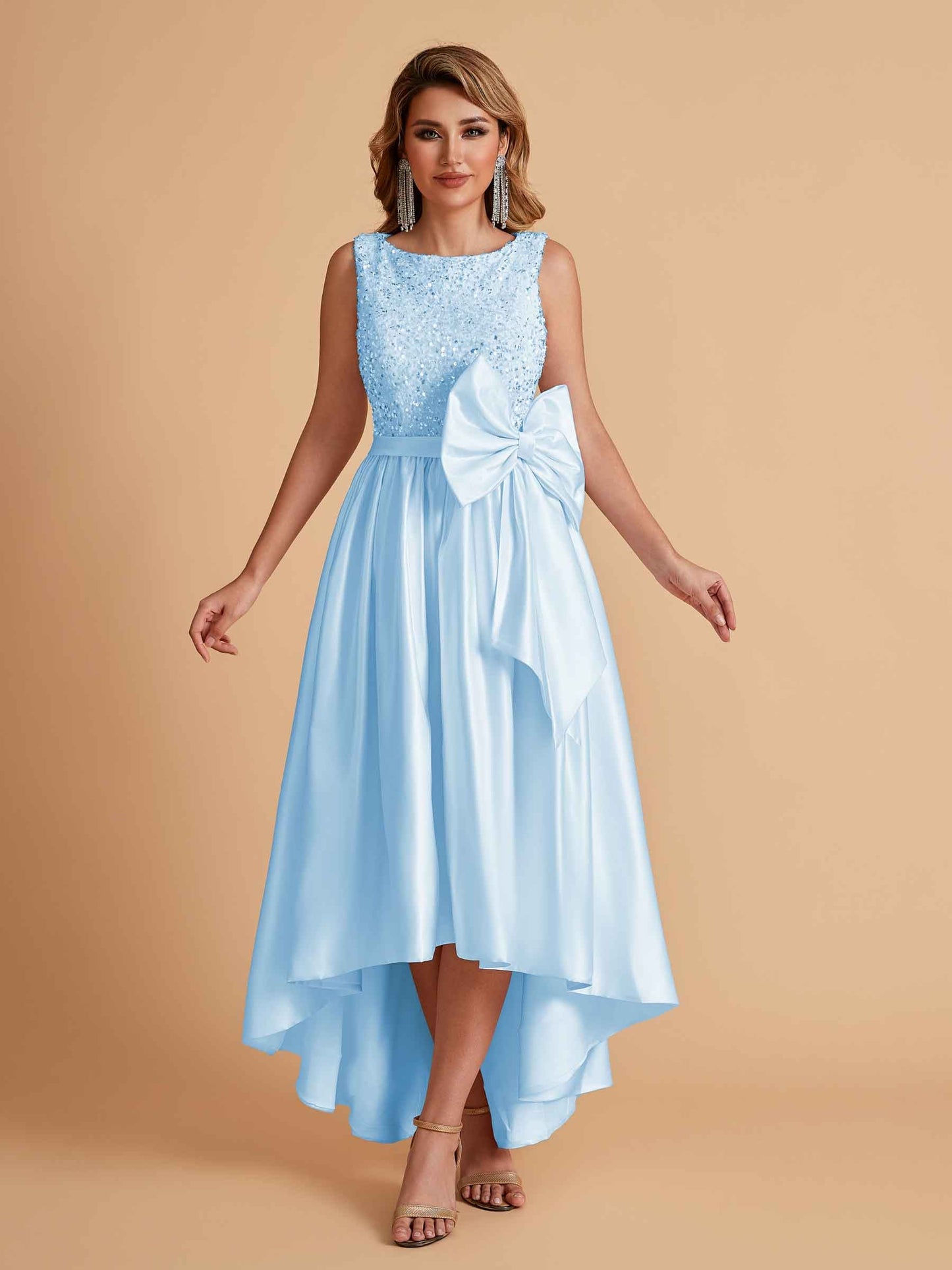 Sparkly Satin Sleeveless Pleats A-line Bridesmaid Dresses High-Low