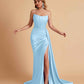 Sexy Satin Sleeveless Pleats Mermaid Bridesmaid Dresses Side Slit Floor Length