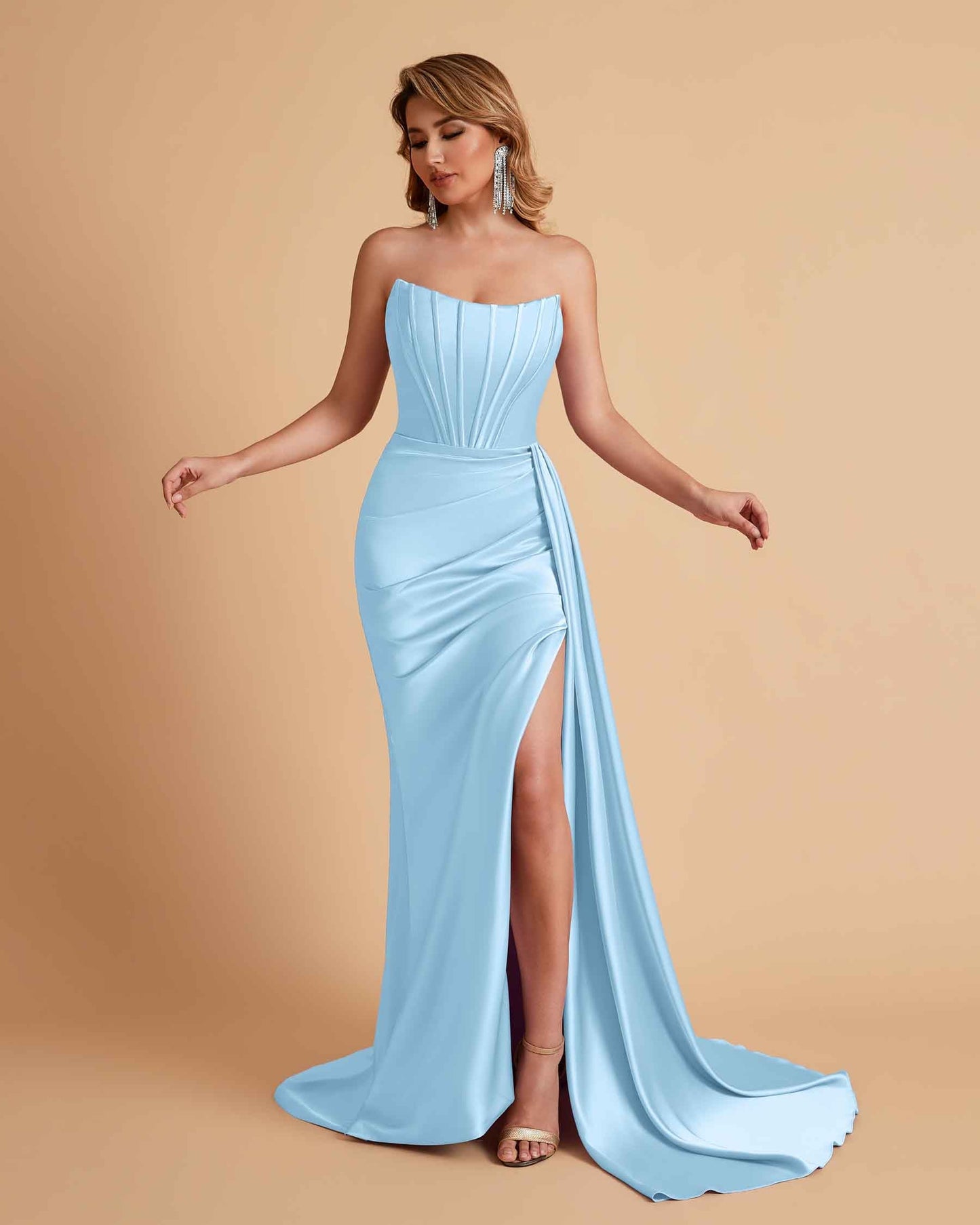 Sexy Satin Sleeveless Pleats Mermaid Bridesmaid Dresses Side Slit Floor Length