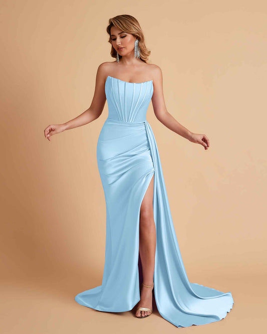 Sexy Satin Sleeveless Pleats Mermaid Bridesmaid Dresses Side Slit Floor Length
