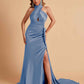 Elegant Satin Halter Pleats Side Slit Mermaid Bridesmaid Dresses Floor-Length