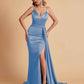 Sexy Satin Mermaid Spaghetti Straps V-neck Side Slit Long Bridesmaid Dresses