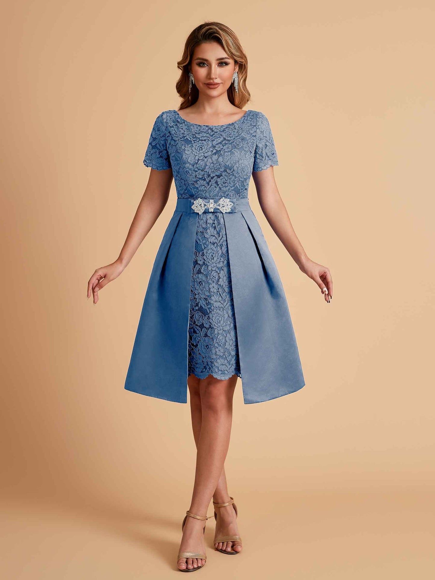 Elegant A-line Short Sleeves Jewel Knee Length Mother of the Brides Dresses