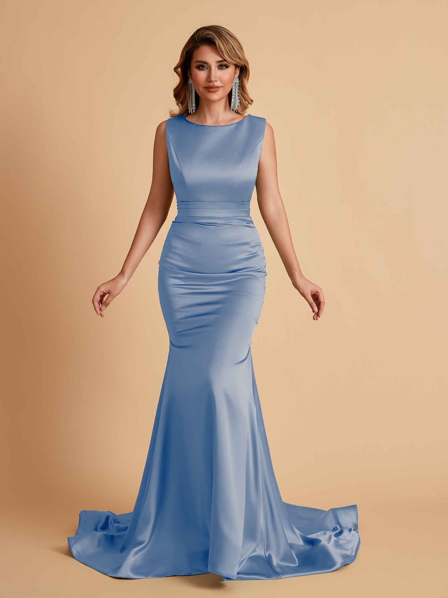 Elegant Satin Sleeveless Pleats Mermaid Bridesmaid Dresses Floor Length