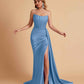 Sexy Satin Sleeveless Pleats Mermaid Bridesmaid Dresses Side Slit Floor Length