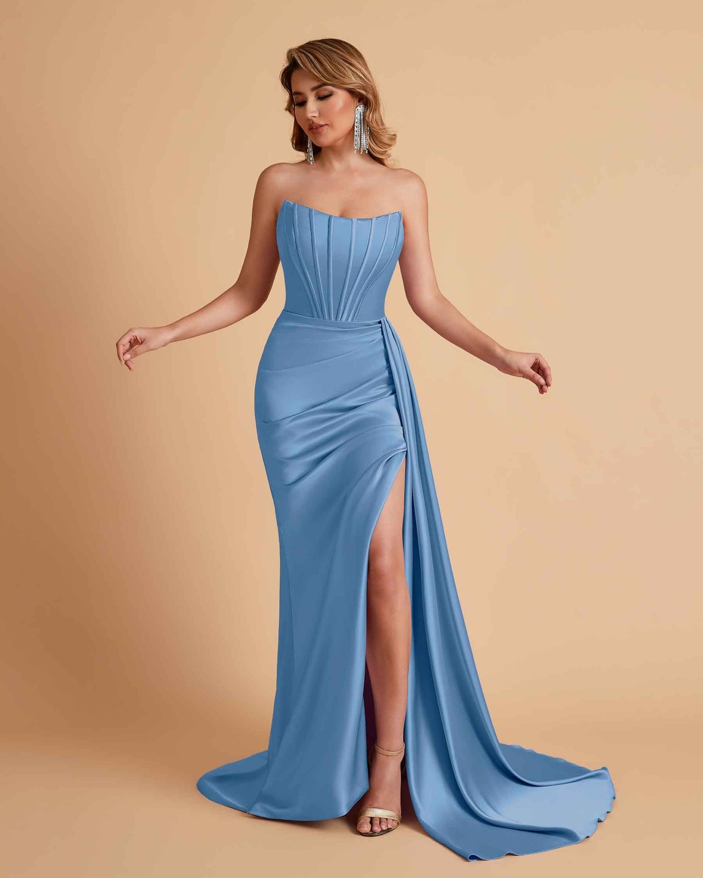 Sexy Satin Sleeveless Pleats Mermaid Bridesmaid Dresses Side Slit Floor Length