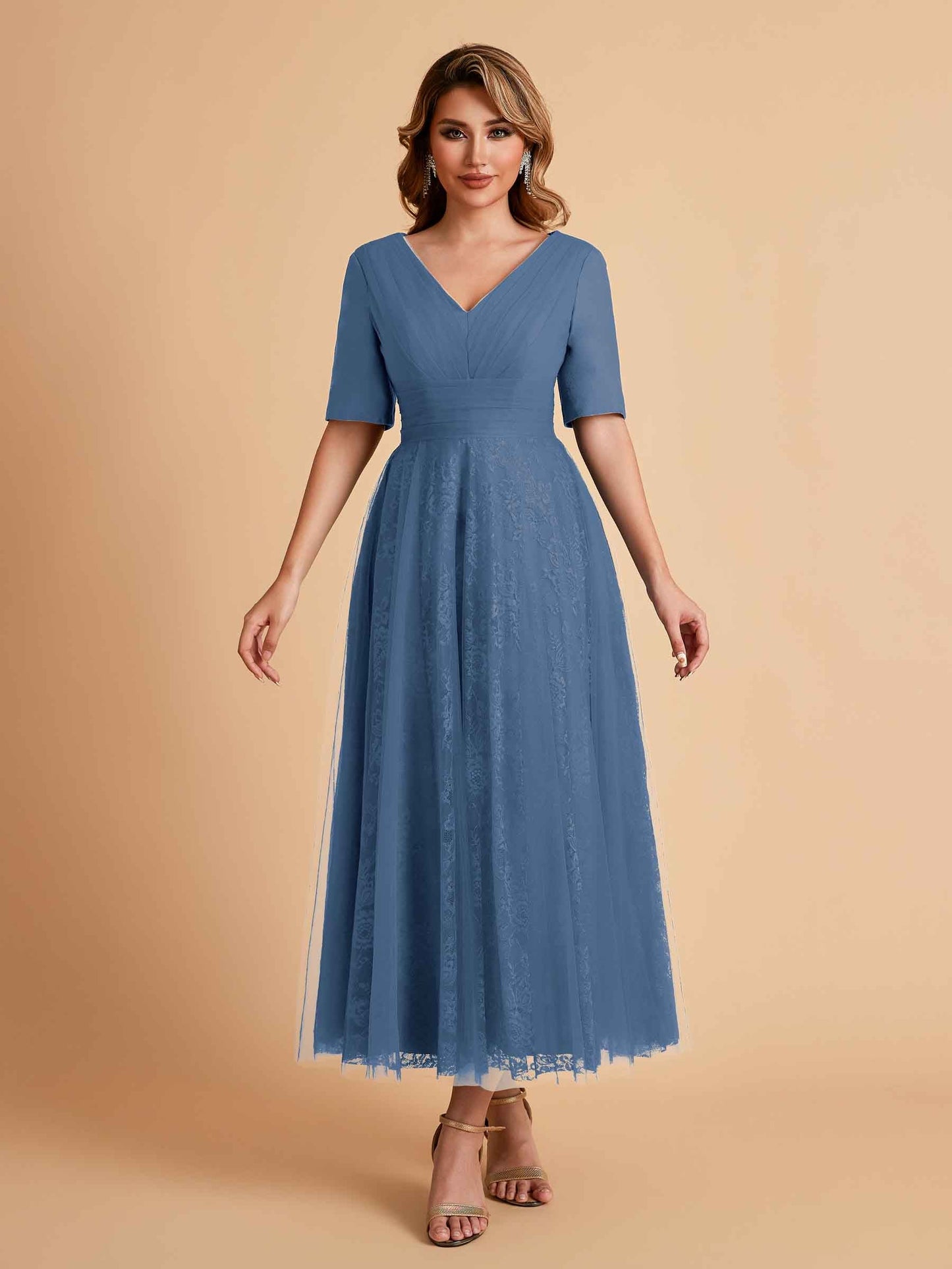 Elegant A-line Half Sleeves V-neck Mother of the Brides Dresses Online