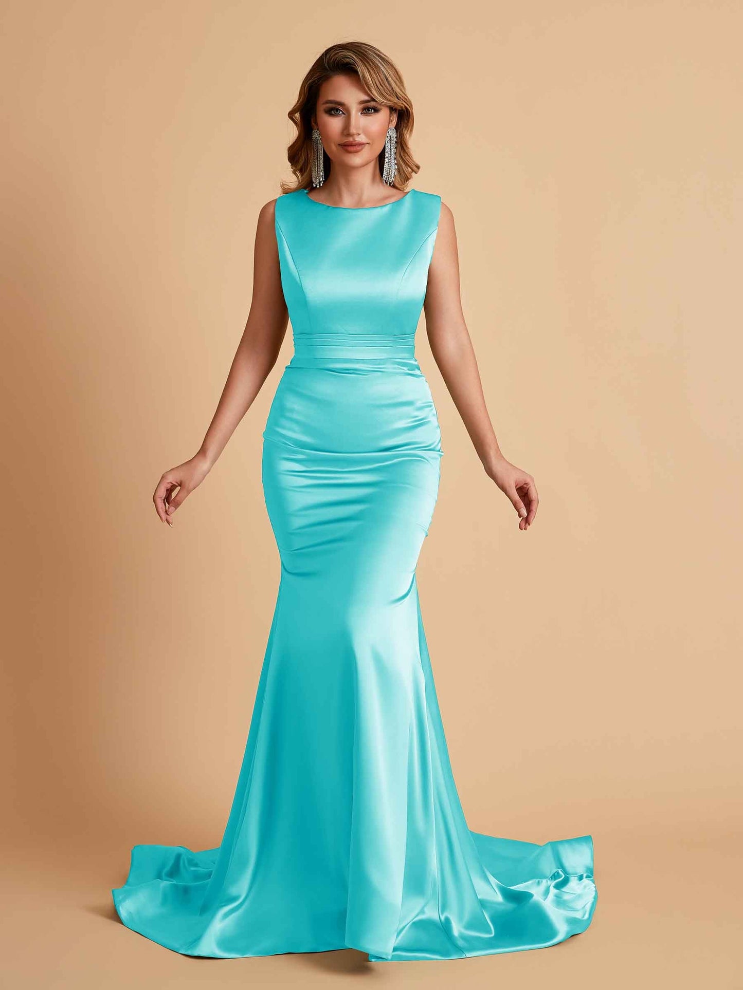 Elegant Satin Sleeveless Pleats Mermaid Bridesmaid Dresses Floor Length